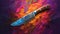 A sharp kitchen knife resting on a vibrant, multicolored background. Generative ai