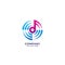 Sharp musical note in the middle of vortex wave. Music and sicence logo concept. Pink magenta blue color gradient. Vector