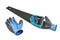 Sharp new hacksaw, sawing wood, hand tool to hold and safety gloves, isolate on white background