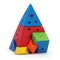 A sharp pyramid made of plastic. Multicoloured geometric figures. The concept of balance. 3D