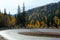 Sharp road bend in autumn forest