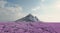 The sharp-shaped mountain is surrounded by a dense pink forest of lush trees with a backdrop of the sky and clouds. 3d rendering