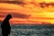 Sharp silhouette of an unrecognisable man against the blurred background of the dramatic sky at sunset off Westerland, Sylt,