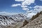 Sharp snow covered mountain ridge with river and green valley on bottom