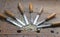 sharp steel blades many chisels and sawdust chippings in Workben