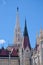 Sharp towers of building of Hungarian Parliament in Budapest