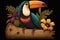A sharply focused image of a toucan sitting on a plank of wood
