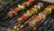 Shashlik skewers grilling on barbecue grill, sizzling with flavor and aroma, Ai Generated
