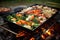 shashlik and vegetables roasting on a diy campfire grill