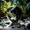 Shattered Elegance: Broken Black Glass Vase on White Marble Floor