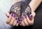 Shattered glass purple manicure on black background