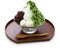 Shaved ice with matcha green tea syrup and azuki red beans jam