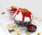 Shaved ice with milk, chocolate, white malt and strawberry