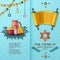 Shavuot greeting card with Torah, dairy food, spring green and David star. Translation Happy Shavuot. Vector