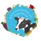 Shavuot Jewish holiday concept with flowers, fruits, crops and cow. Vector illustration.