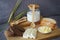 Shavuot -  Jewish holiday concept, food and milk. Traditional Shavuot holiday dairy products and bread