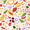 Shawarma ingredients repeating pattern. Different vegetables, meat, tortilla, onion on wrapping print. Various fast food