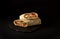Shawarma, roll in lavash , grilled meat, with vegetables, sandwich , cut on a black background, horizontal, copy spase