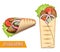 Shawarma set, vector illustration. Turkish takeaway fast food. Realistic pita bread roll with chicken, beef meat, salad.