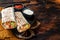 Shawarma, Shaurma chicken roll with vegetable salad. Wooden background. Top view. Copy space