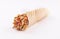 Shawarma wrap with onion and sauce on white background