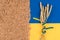 Sheaf of wheat with grain over Ukrainian blue and yellow flag. Global and European food crisis