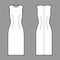 Sheath dress technical fashion illustration with fitted body, oval neck, sleeveless, pencil fullness, knee length.