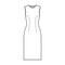 Sheath dress technical fashion illustration with fitted body, oval neck, sleeveless, pencil fullness, knee length.