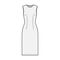 Sheath dress technical fashion illustration with fitted body, oval neck, sleeveless, pencil fullness, knee length.