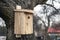 Shed for birds on trees. Wooden birdhouse on the tree