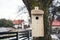 Shed for birds on trees. Wooden birdhouse on the tree