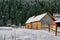 Shed and Snowy Pines