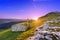 Shed in Urkiola mountains at sunrise with sun rays