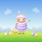 Sheep with bunny ears and basket with decorated eggs celebrate Easter - spring landscape background