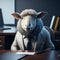 Sheep in business suit and tie sits at an office desk. Generative AI