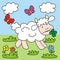 Sheep and butterflies on meadow, cute vector illustration.