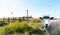 Sheep with captain`s cap and the lighthouse westerhever in the background, Schleswig-Holstein in Germany