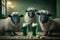 Sheep Celebrating St. Patrick`s Day with Beer and Costumes. Generative AI