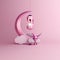 Sheep, cloud, crescent moon, hanging arabic lamp on studio lighting pink pastel background.