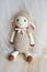 Sheep crochet animal toy for kids lamb crocheting handmade crochet knitting background pastel pink color theme vintage decoration