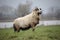 Sheep on dike, Aijen, Gemeente Bergen, Limburg in the Netherlands. River Maas in the background