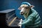 a sheep dressed as a jazzman playing piano, created with Generative AI technology