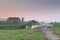 Sheep on Dutch farmland at misty sunrise