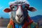 Sheep in glasses and colorful knitwear. Concept of whimsical fashion