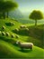 Sheep graze on green meadow. Count sheep. Farm animal landscape counting