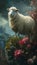 Sheep grazing amidst vibrant flowers on a hilly meadow under ominous clouds, AI-generated.