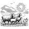 Sheep Grazing in Sunny Pastoral Landscape vector