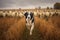 sheep herded by a border collie in an open field