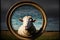 A Sheep Looking Through A Round Picture Frame. Generative AI