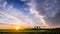 Sheep in meadow with beautiful golden winter sun on blue sky and dark clouds